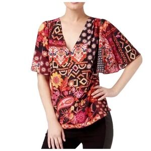 Trina Turk 100% Silk Floral Paisley V-Neck Flutter Sleeve Blouse Multi Color